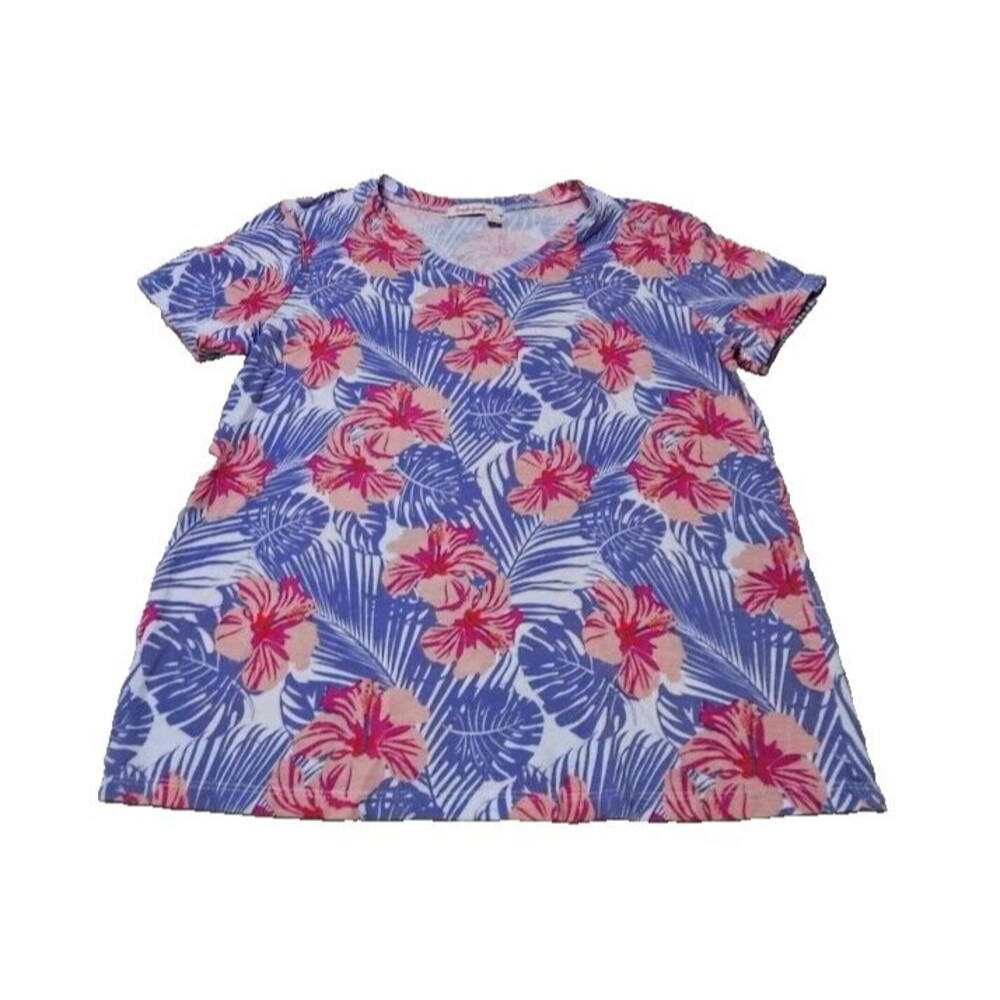 Fresh Produce Womens Size S Lilac Hibiscus Bush Floral V Cotton Tee Short Sleeve